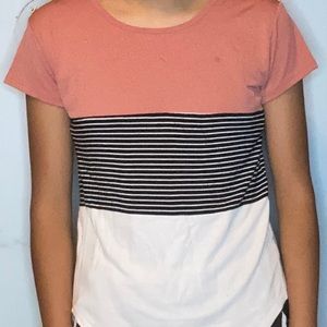 Small pink, black & white strips, white shirt